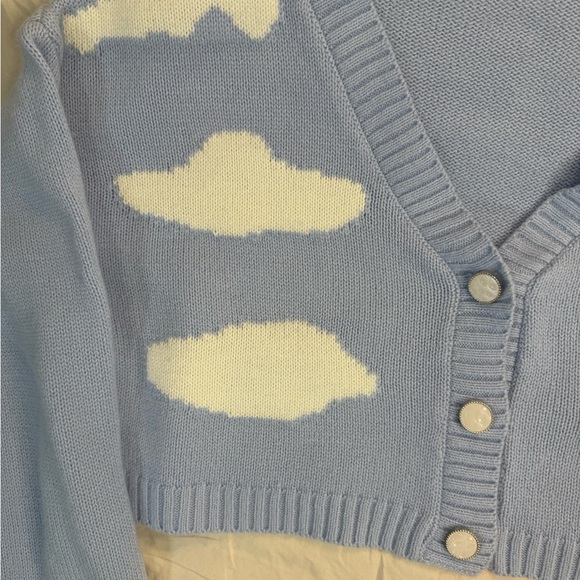 Baby Blue Cloudcore Print Cropped Cardigan Soft Knit Sweater - Picture 2 of 5